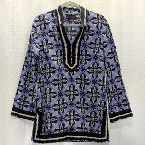 Dana Buchman Tunic Top, L, Fine Light Cotton, Trim, Purple Cream Black, EUC